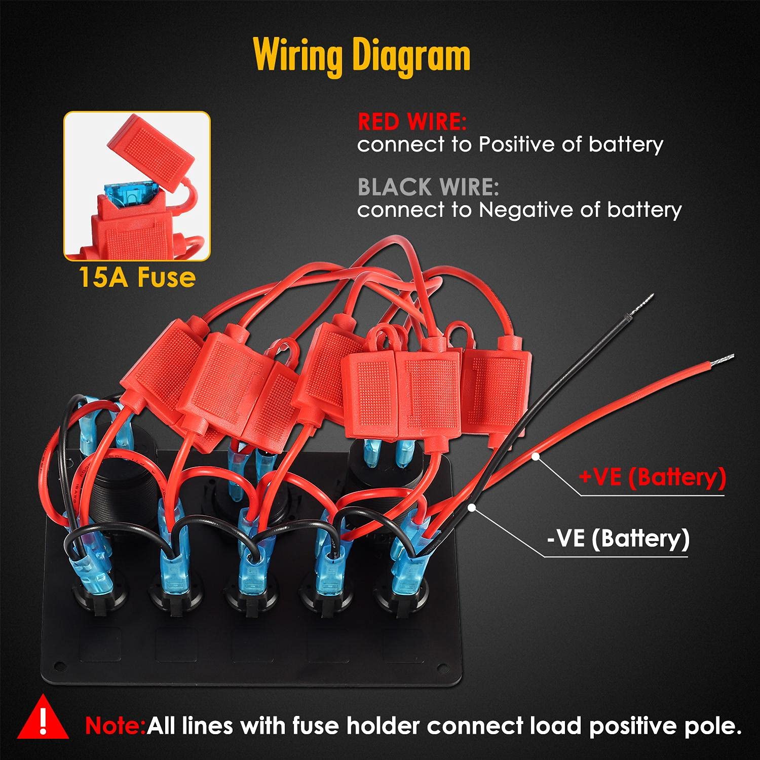 5 Gang Rocker Switch Panel 12V Waterproof for Car Pontoon Boat Yacht Truck RV Boat Marine Kayak, Toggle Led Aluminum Switch Panel Digital Voltmeter Display Dual USB Charger Port DC Socket