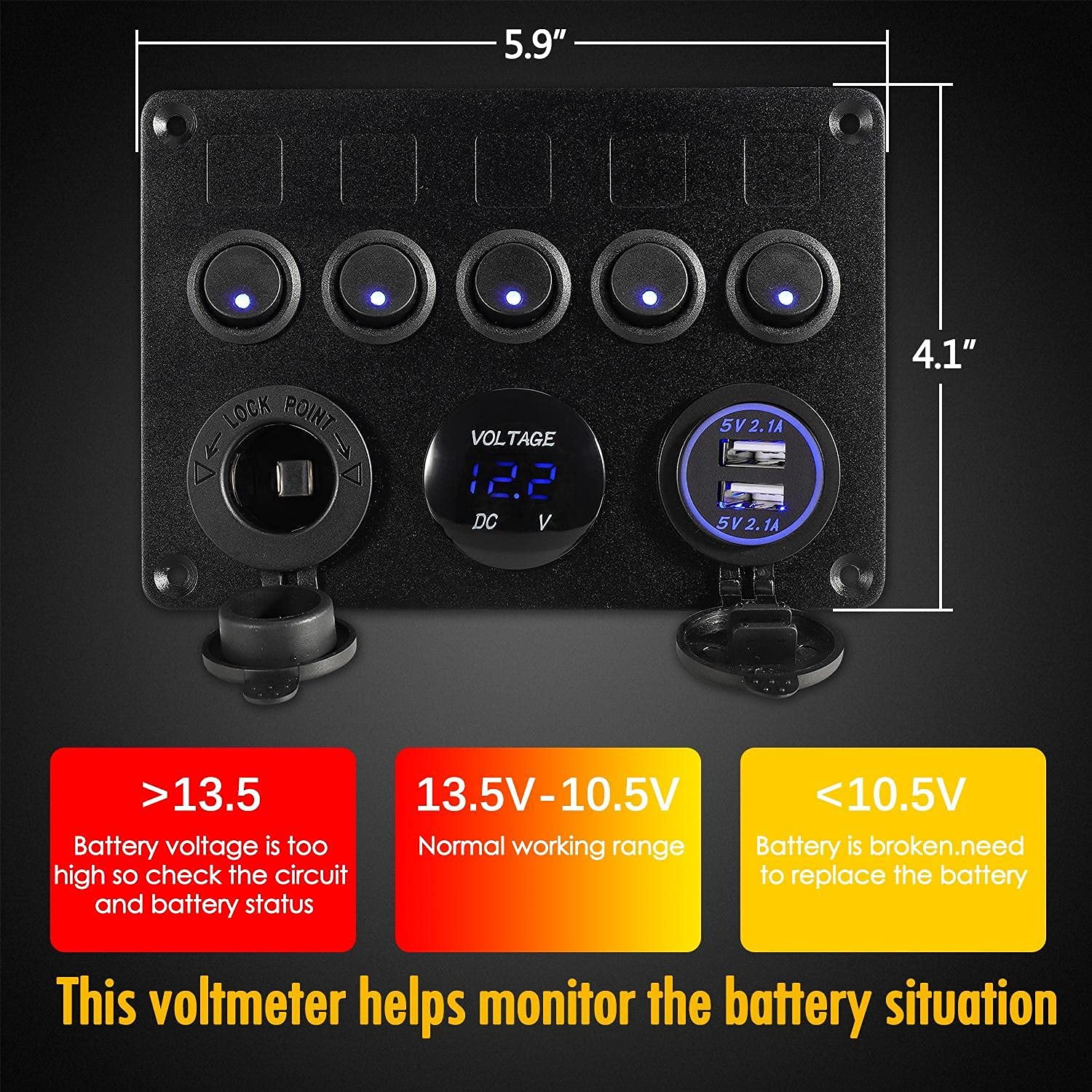 5 Gang Rocker Switch Panel 12V Waterproof for Car Pontoon Boat Yacht Truck RV Boat Marine Kayak, Toggle Led Aluminum Switch Panel Digital Voltmeter Display Dual USB Charger Port DC Socket