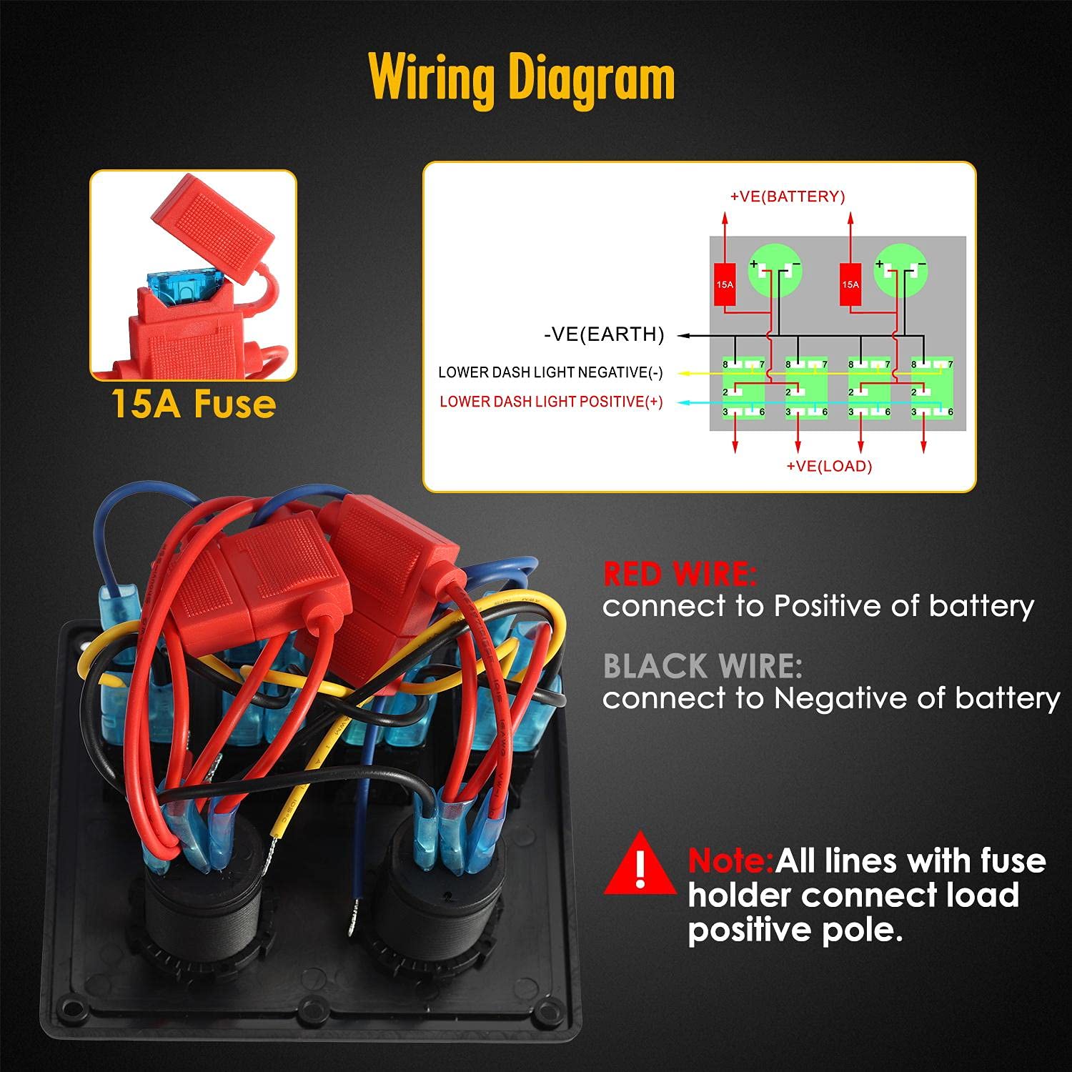 4 Gang Waterproof Marine Boat Rocker Switch Panel Toggle Switches for Car Rv Kayak Yacht Pontoon Boat Vehicles Truck with Dual USB Slot Socket Cigarette Lighter LED Light