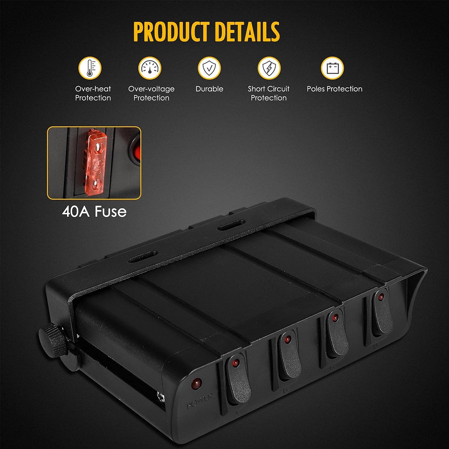 4 Gang Rocker Switch Box SPST Toggle Switch Panel for Automotive Cars Truck Vehicles Kayak Pontoon Boat RVs Campers SUV 12V 24V 20A dc Switch Panel 60Amp Max