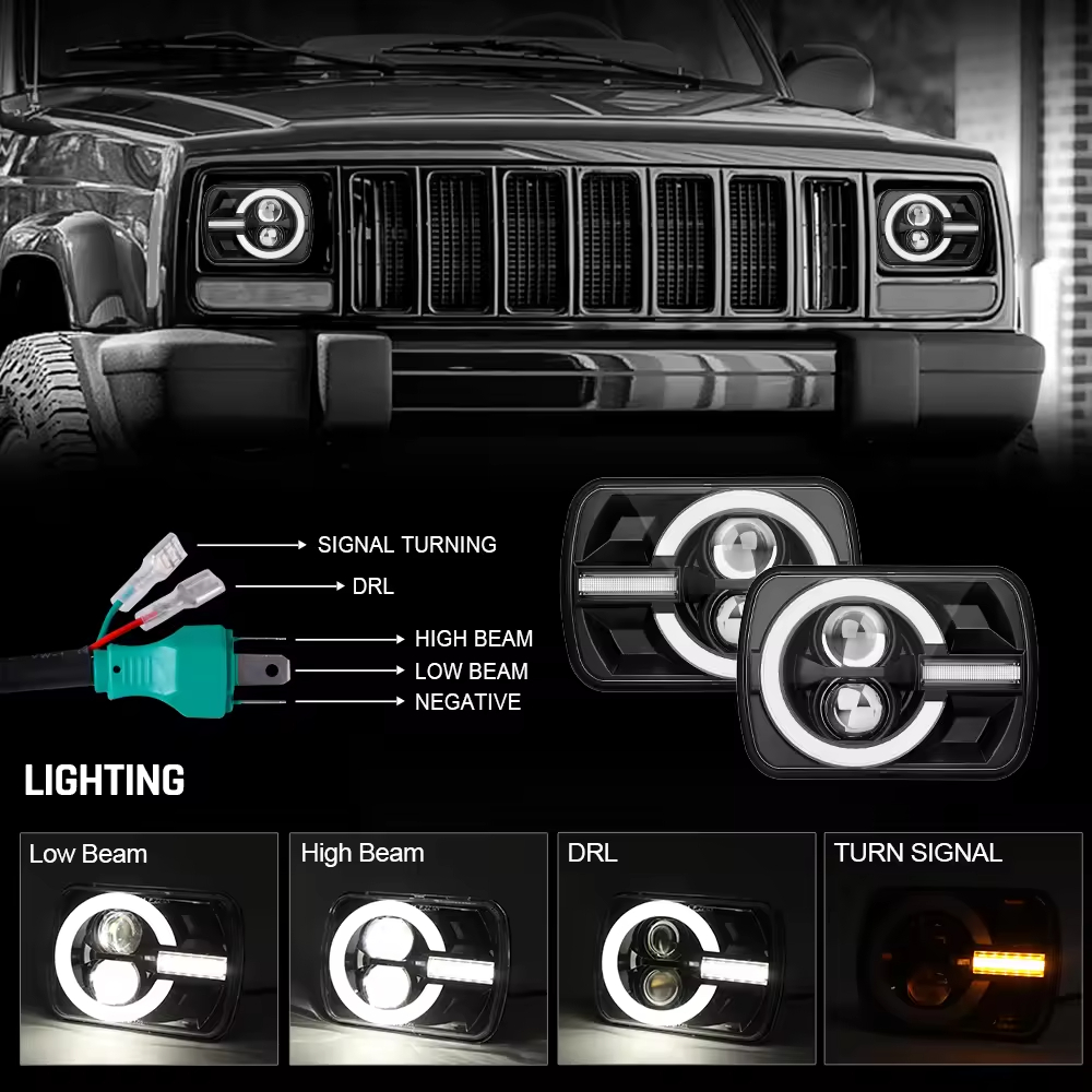 90W DOT 5X7 inch Square Headlight With DRL Yellow Turn Signals 7x5'' LED Headlamp For Jeep Cherokee XJ & Wrangler YJ