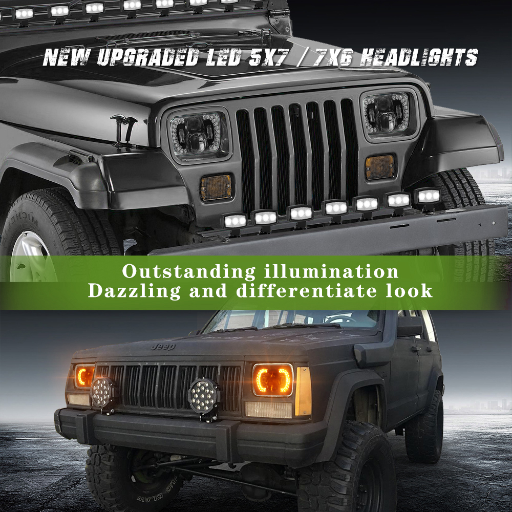 60W Rectangle H6054 LED 7x6 drl  Headlamp Hi/Low Sealed Beam Amber Turn Signal H4 Plug H5054 5X7 Headlight
