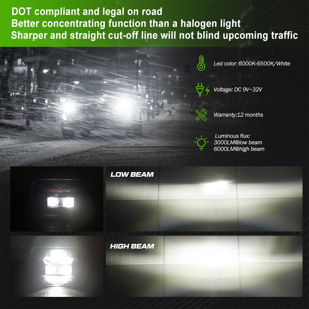 60W H6054 LED Headlights 7x6 5x7 Headlamp Anti-glare Hi/Low Sealed Beam Lights Compatible with Cherokee XJ Wrangler YJ etc